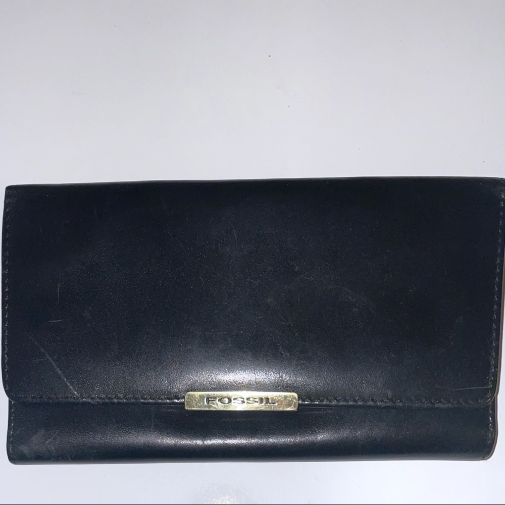 Vintage Fossil Black Leather Checkbook Wallet